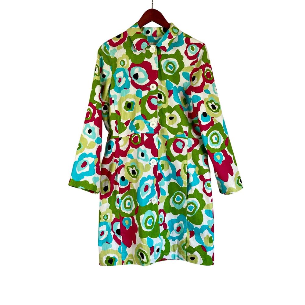 Susan Bristol Retro Mod Floral Cotton Spring Trench Coat Jacket Derby Medium